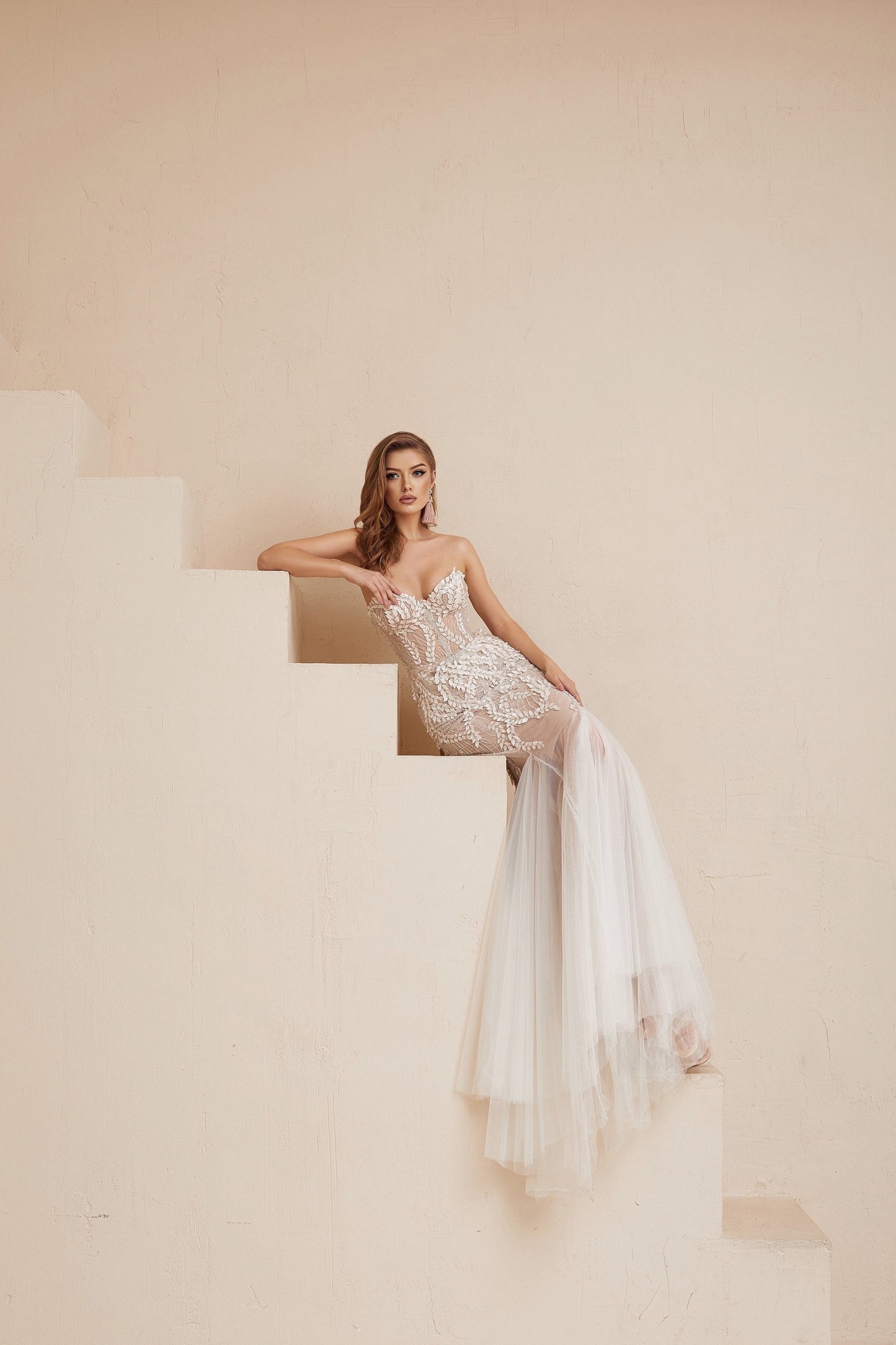 Nude wedding dress, Floral Wedding dress, Boho Wedding gown, Mermaid corset dress, Beige wedding gown, Sparkling wedding dress, Couture gown