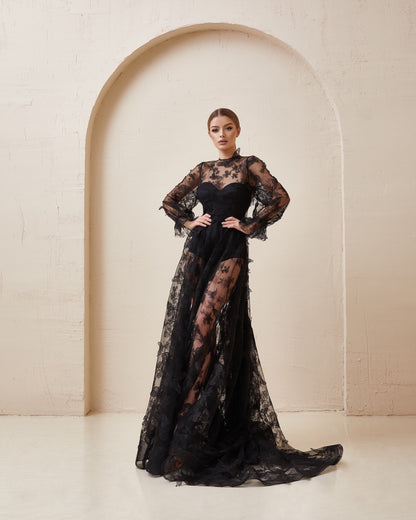 Black wedding dress embroidered with butterflies. Dress with long sleeves is perfect for gothic wedding. The dress is completed by bodysuit. Maxi dress has crew neckline  and dramatic train.
