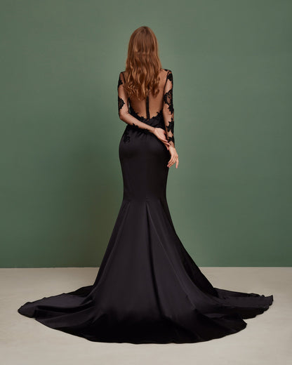 Black wedding dress long sleeves, Gothic Wedding Dress,  Black wedding gown, Black lace wedding dress, Black mermaid boho wedding dress