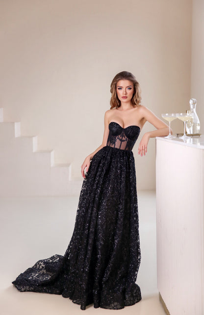 Black Wedding Floor Length Dress / Prom Corset gown /  Black Sequins evening dress with long tail /Black evening dress/ Gothic wedding dress