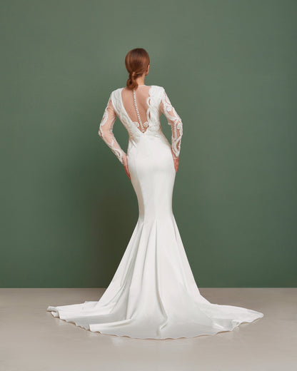 Mermaid wedding dress with long sleeves, V-neck satin wedding dress with open back, Silk embroidered wedding dress , tight wedding qown