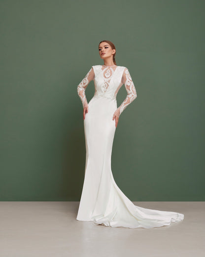 Mermaid wedding dress with long sleeves, V-neck satin wedding dress with open back, Silk embroidered wedding dress , tight wedding qown