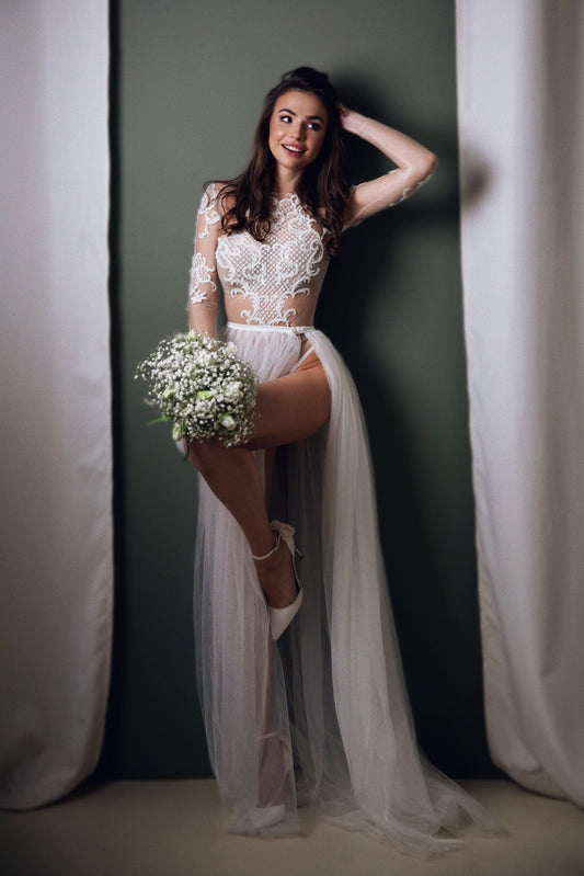Wedding bodysuit with long sleeves, buttoned up back, french lace embroidery. Very sexy model for bohemian bride. Bridal separates set- bodysuit and skirt