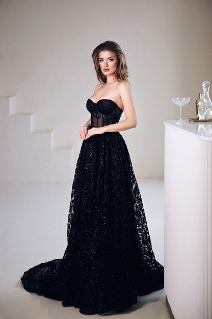 Black Wedding Floor Length Dress / Prom Corset gown /  Black Sequins evening dress with long tail /Black evening dress/ Gothic wedding dress