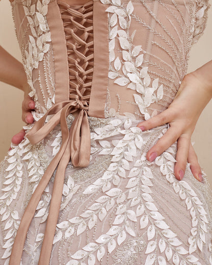 Nude wedding dress, Floral Wedding dress, Boho Wedding gown, Mermaid corset dress, Beige wedding gown, Sparkling wedding dress, Couture gown