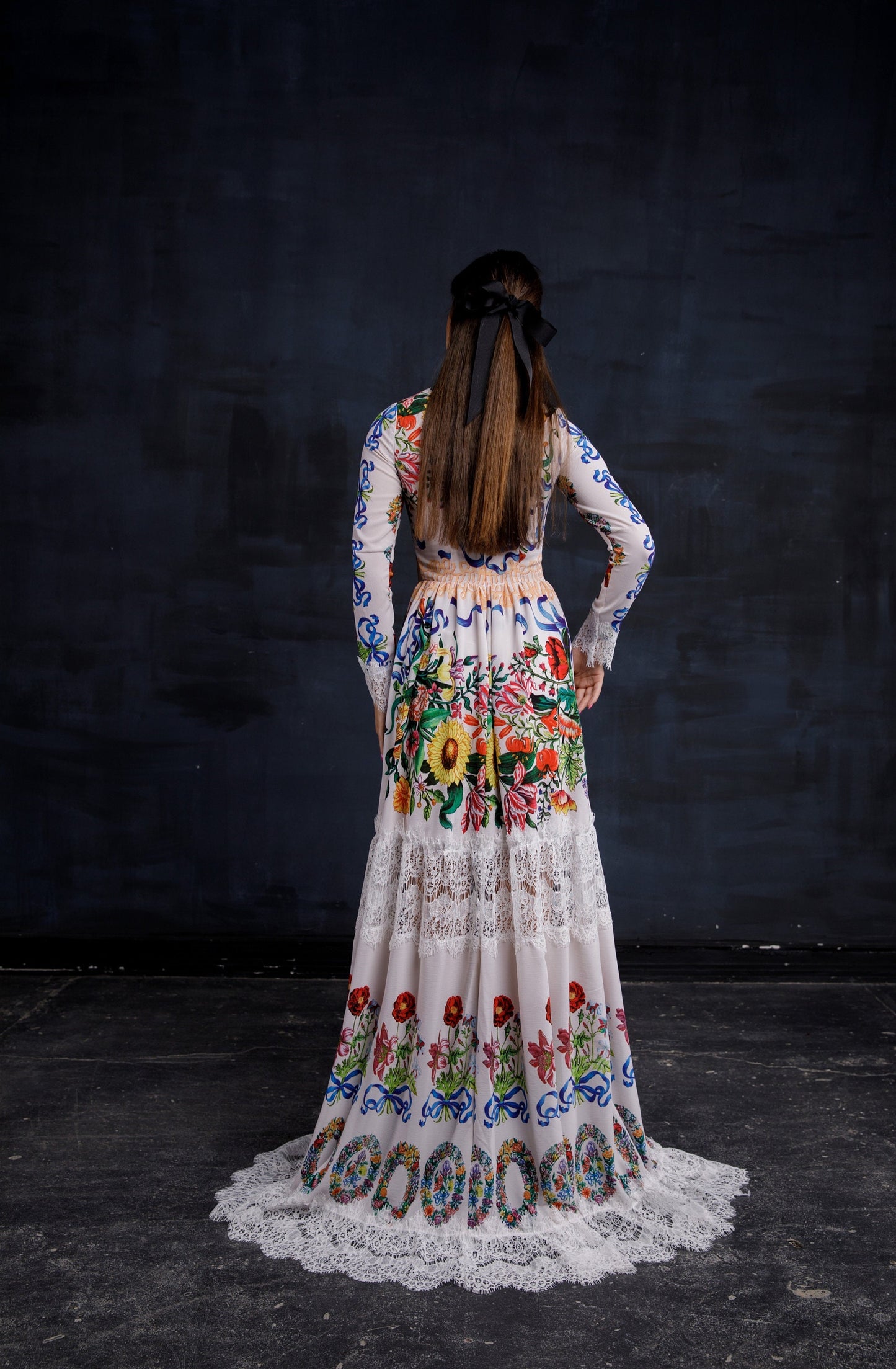 White Floral Sequin Bridesmaid Pinafore Embroidered Dress / Silk Romantic Floor Length Long Sleeve Dress / Rustic Boho Chic Evening Gown