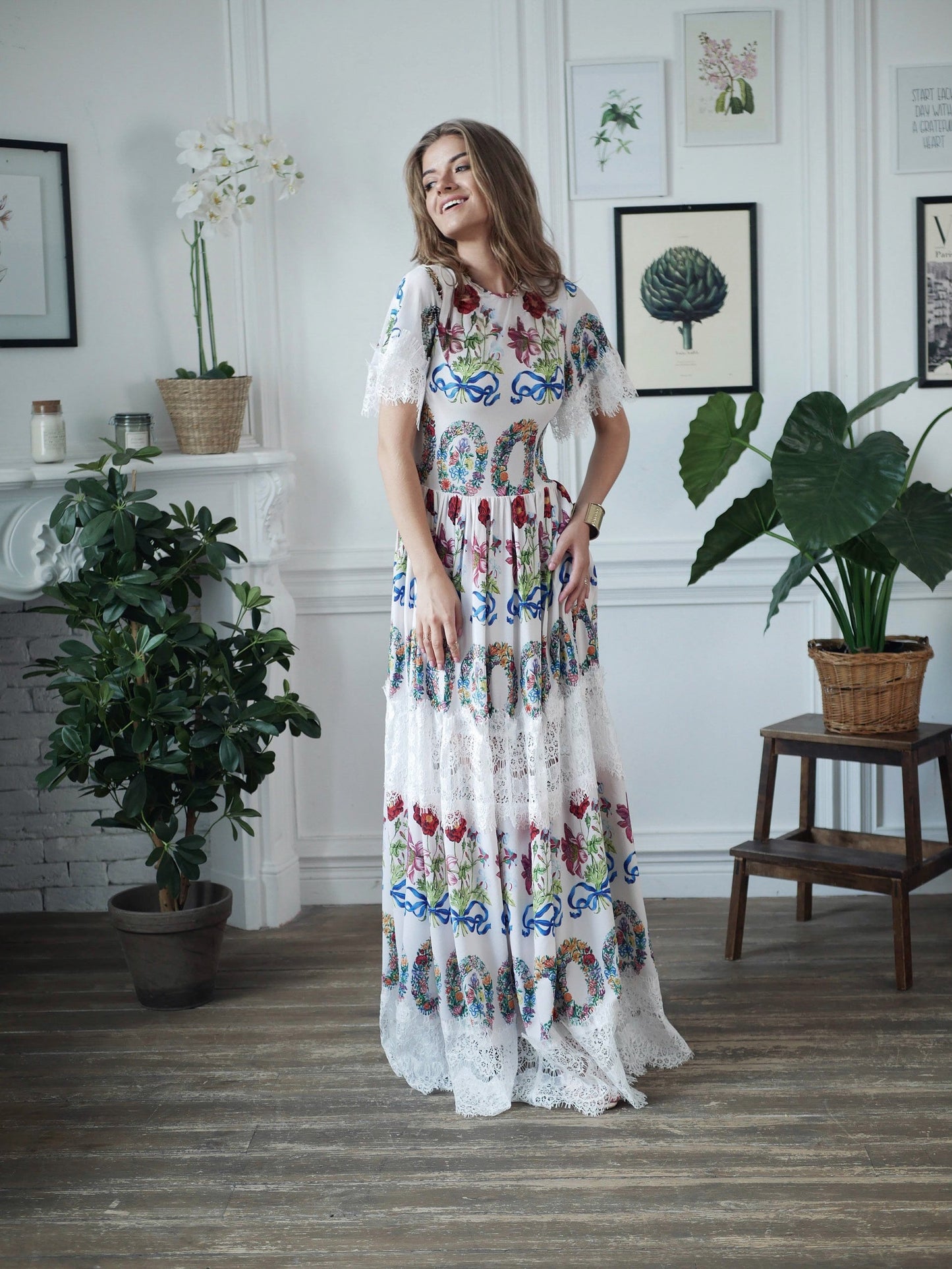 Floral Maxi black short Sleeve Lace Dress / Floor Length Dressing Gown / Long Romantic Dress / Unique Printed Wedding Dress / Summer dress
