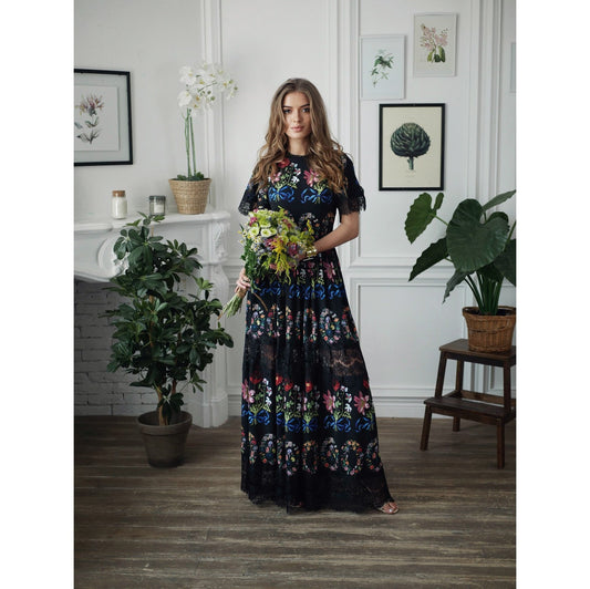 Floral Maxi black short Sleeve Lace Dress / Floor Length Dressing Gown / Long Romantic Dress / Unique Printed Wedding Dress / Summer dress