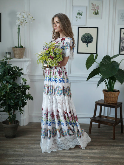 Floral Maxi black short Sleeve Lace Dress / Floor Length Dressing Gown / Long Romantic Dress / Unique Printed Wedding Dress / Summer dress