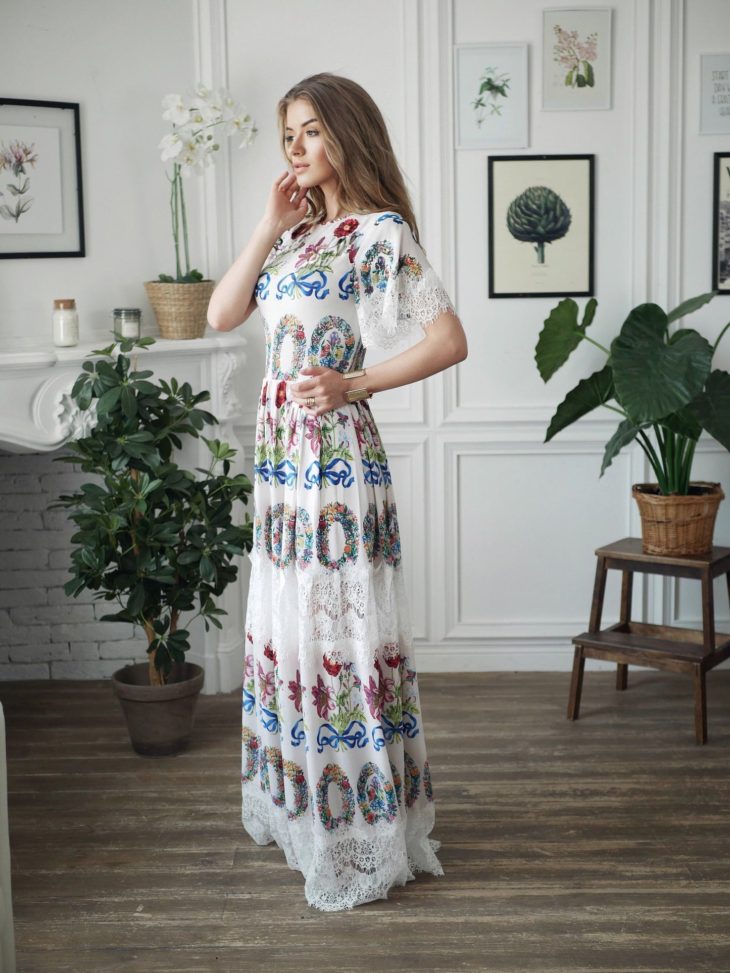 Floral Maxi black short Sleeve Lace Dress / Floor Length Dressing Gown / Long Romantic Dress / Unique Printed Wedding Dress / Summer dress