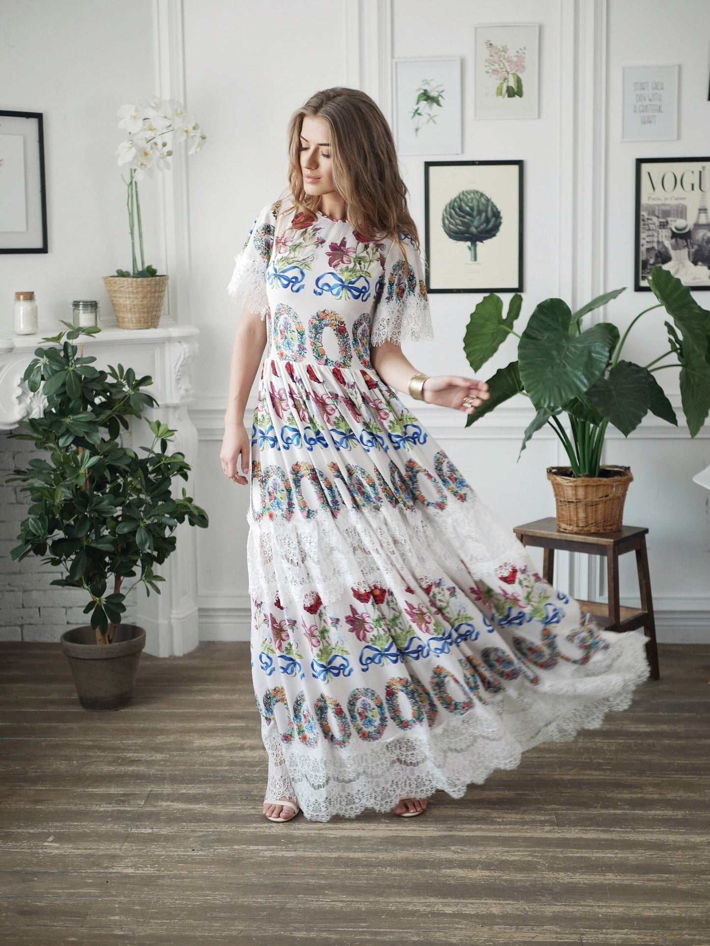 Floral Maxi black short Sleeve Lace Dress / Floor Length Dressing Gown / Long Romantic Dress / Unique Printed Wedding Dress / Summer dress