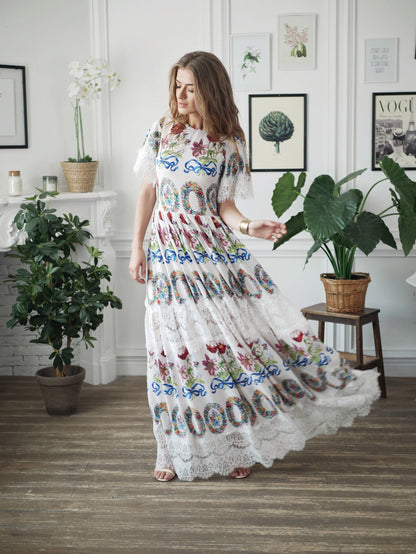 Floral Maxi black short Sleeve Lace Dress / Floor Length Dressing Gown / Long Romantic Dress / Unique Printed Wedding Dress / Summer dress