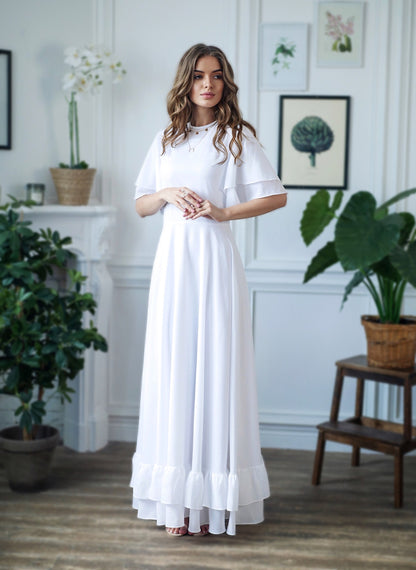 Wedding dress / simple wedding dress / white fit and flare long dress / modest wedding dress / casual wedding dress / bohemian wedding dress
