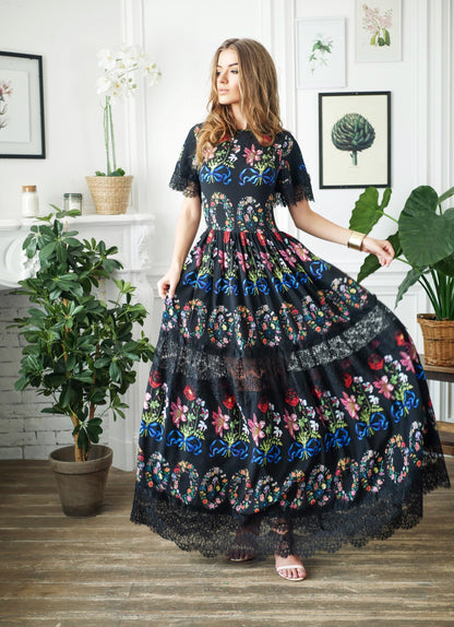 Floral Maxi black short Sleeve Lace Dress / Floor Length Dressing Gown / Long Romantic Dress / Unique Printed Wedding Dress / Summer dress