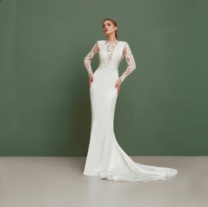 Mermaid wedding dress with long sleeves, V-neck satin wedding dress with open back, Silk embroidered wedding dress , tight wedding qown