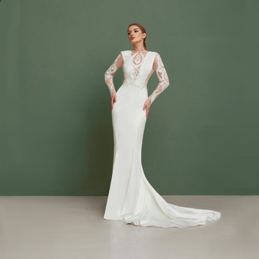Mermaid wedding dress with long sleeves, V-neck satin wedding dress with open back, Silk embroidered wedding dress , tight wedding qown