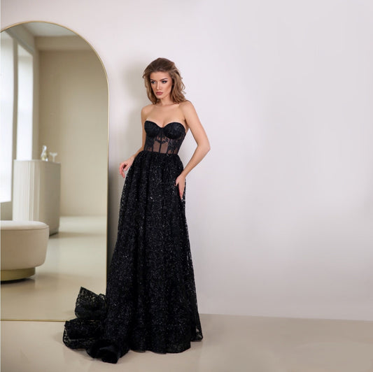 Black Wedding Floor Length Dress / Prom Corset gown /  Black Sequins evening dress with long tail /Black evening dress/ Gothic wedding dress