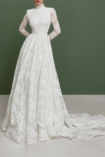 Modest wedding dress long sleeves fit and flare skirt , simple wedding dress, bohemian wedding gown from thick lace, rustic wedding dress