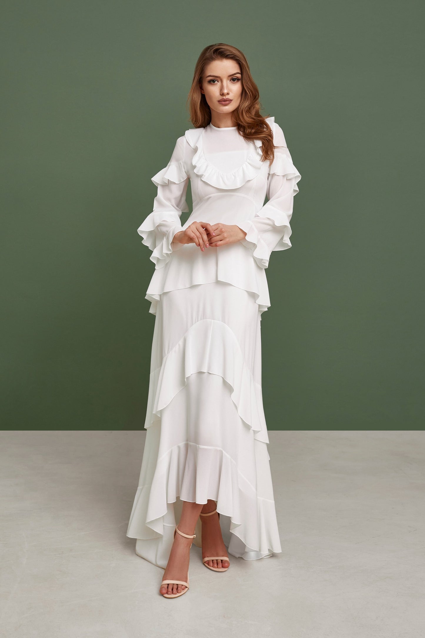 Bohemian wedding dress with long sleeves, Gune sax wedding dress, Chiffon wedding dress, Hippie wedding dress, Rustic wedding dress
