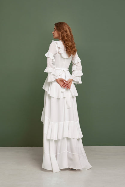 Bohemian wedding dress with long sleeves, Gune sax wedding dress, Chiffon wedding dress, Hippie wedding dress, Rustic wedding dress