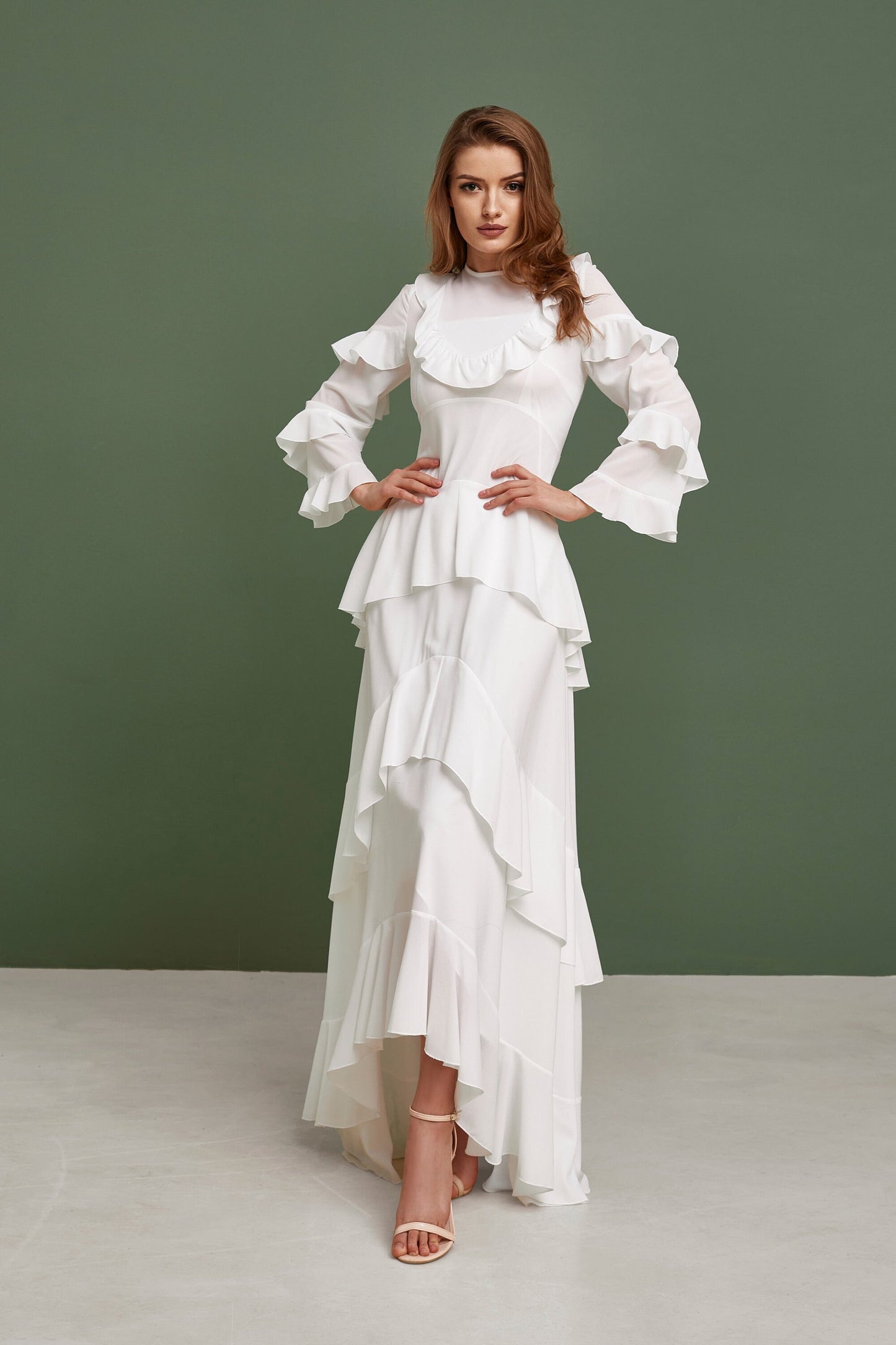 Bohemian wedding dress with long sleeves, Gune sax wedding dress, Chiffon wedding dress, Hippie wedding dress, Rustic wedding dress