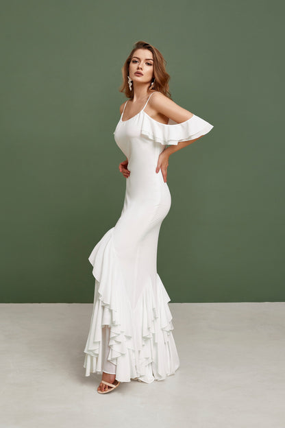 Open shoulders beach wedding dress with ruffled skirt, rustic wedding dress, bohemian wedding gown, chiffon summer gown, slip wedding dress