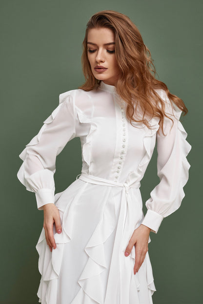 Simple wedding dress, chiffon wedding dress, Buttoned up ankle length with long sleeves and ruffled skirt dress, Gune Sax wedding gown