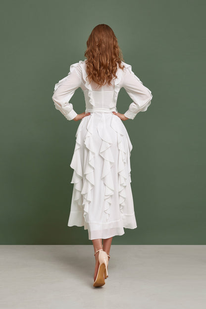 Simple wedding dress, chiffon wedding dress, Buttoned up ankle length with long sleeves and ruffled skirt dress, Gune Sax wedding gown
