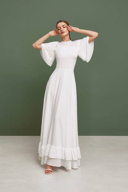 Wedding dress, simple wedding dress, white fit and flare long dress, modest wedding dress, casual wedding dress, bohemian wedding dress