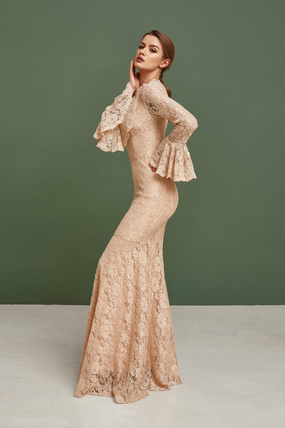 Beige bridesmaid dress with long bell sleeves, Wedding guest dress, nude bride gown, lace homecoming dress, Bohemian wedding dress