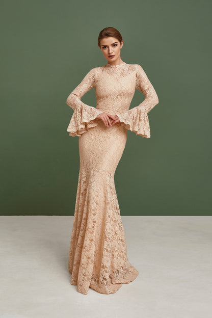 Beige bridesmaid dress with long bell sleeves, Wedding guest dress, nude bride gown, lace homecoming dress, Bohemian wedding dress