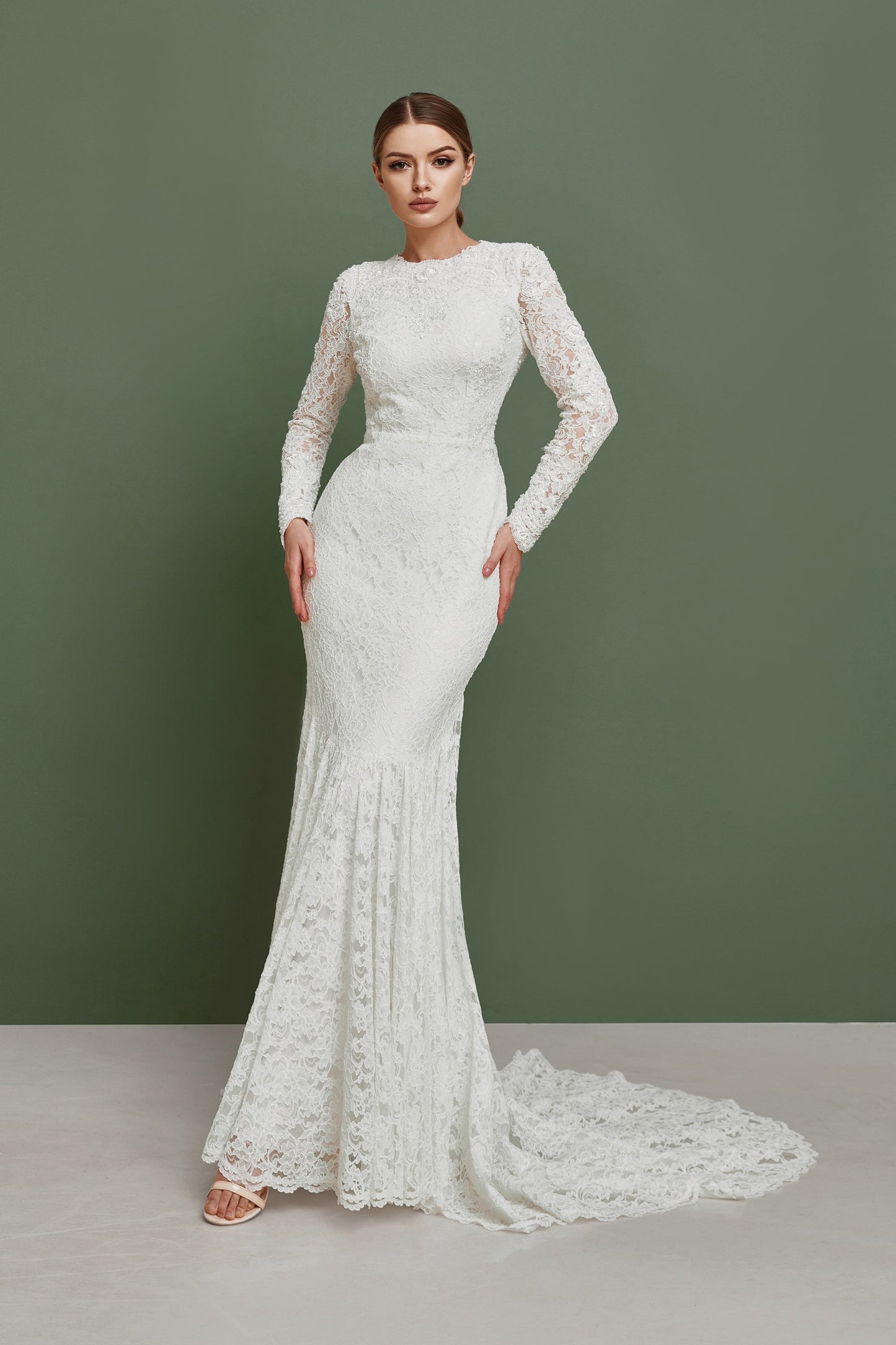 Open back wedding dress with long sleeves and train, Couture wedding dress long  sleeves, Mermaid bohemian wedding gown, Classy wedding gown