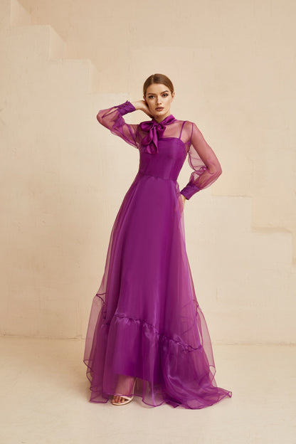 Organza fit and flare long purple dress with long sleeves and bow neck, Bridesmaid dress, Prom dress, Sheer gown, Alternative Wedding dress