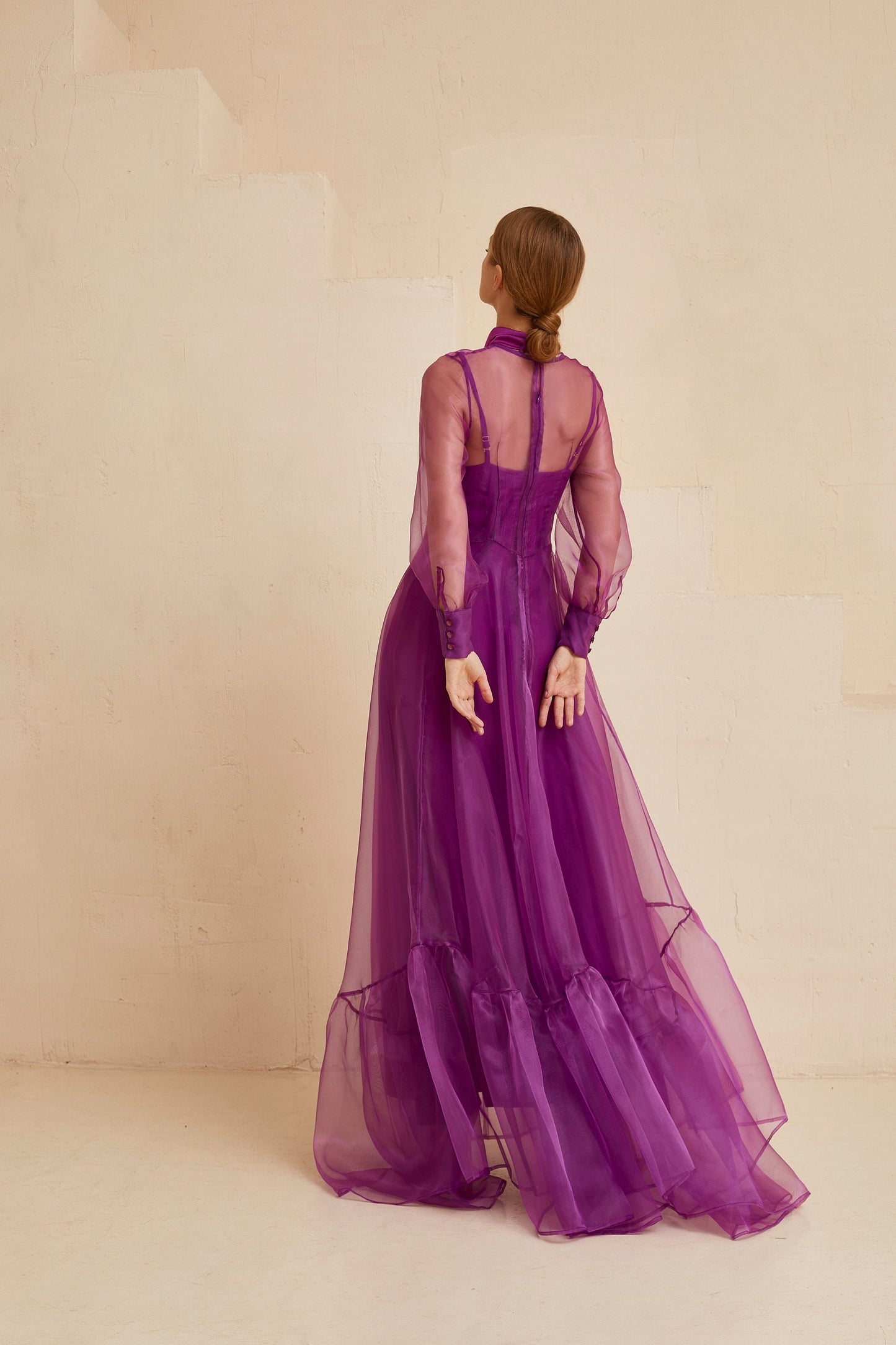 Organza fit and flare long purple dress with long sleeves and bow neck, Bridesmaid dress, Prom dress, Sheer gown, Alternative Wedding dress