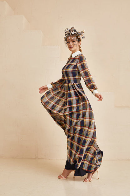 Tartan Plaid Dress,  Tartan Fit and Flare Collar Dress,  Chiffon gown with white collar and long sleeves, Homecoming dress