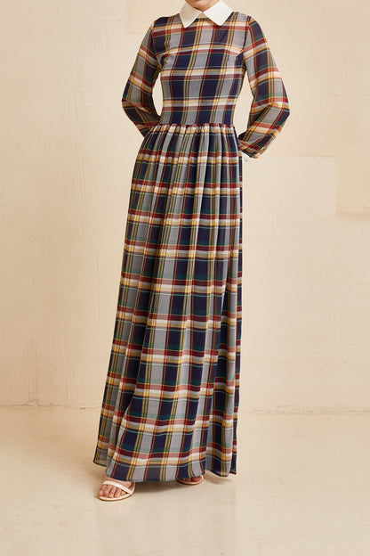Tartan Plaid Dress,  Tartan Fit and Flare Collar Dress,  Chiffon gown with white collar and long sleeves, Homecoming dress
