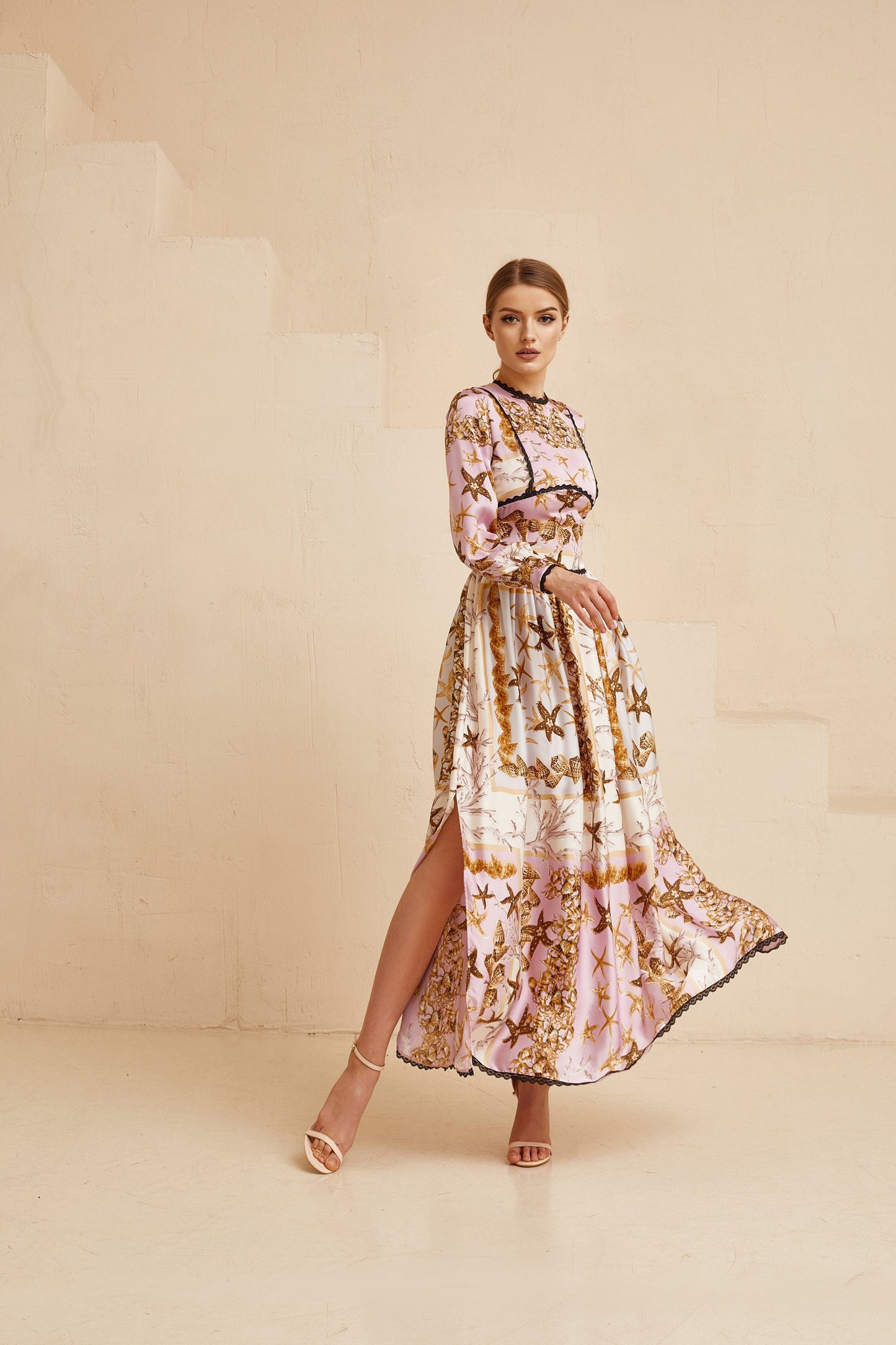 Wedding guest dress, Sea shells  print pink gown with long sleeves, Bridesmaid dress, Bohemian wedding dress, Pink summer gown, Floral gown