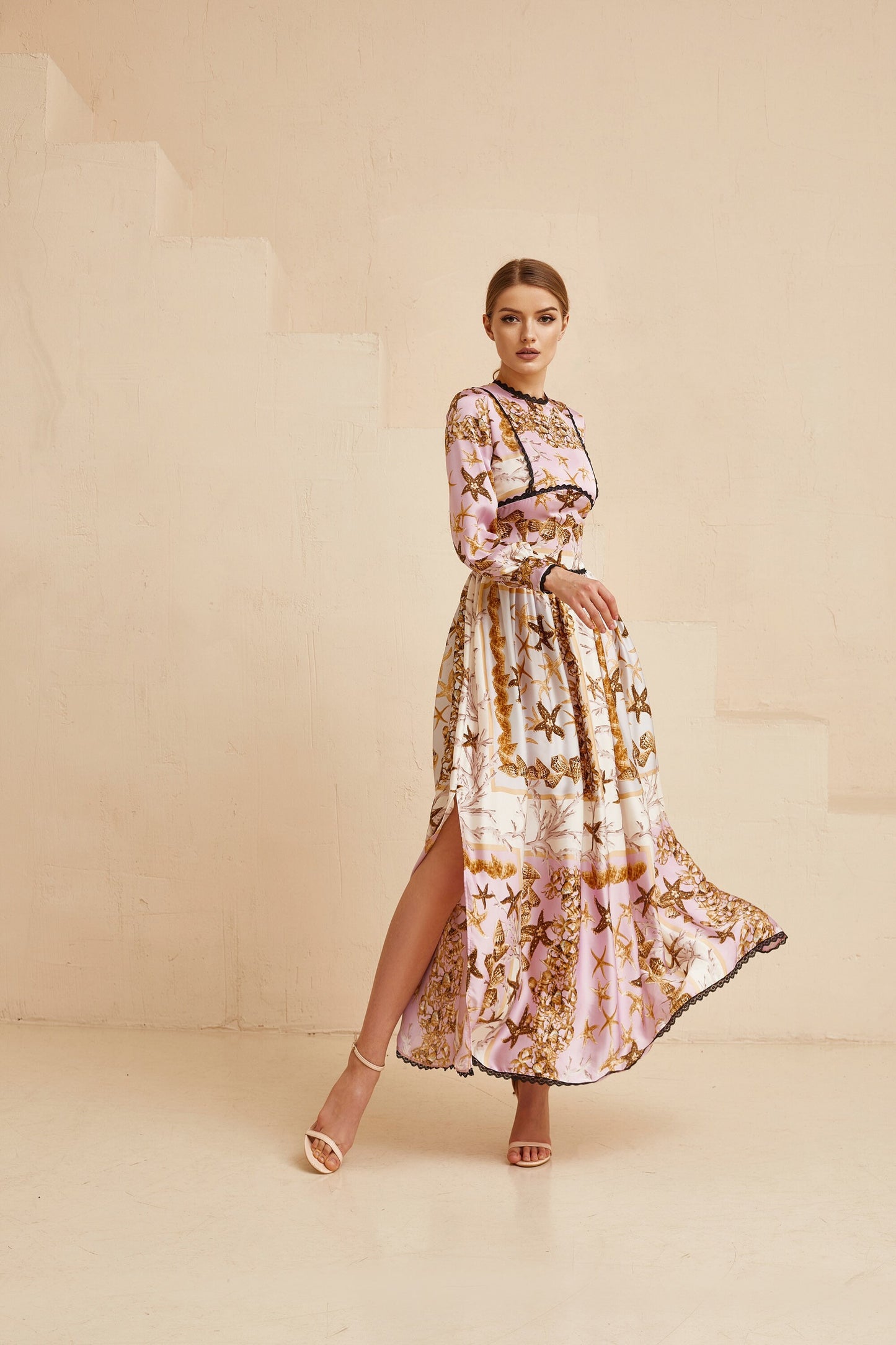 Wedding guest dress, Sea shells  print pink gown with long sleeves, Bridesmaid dress, Bohemian wedding dress, Pink summer gown, Floral gown