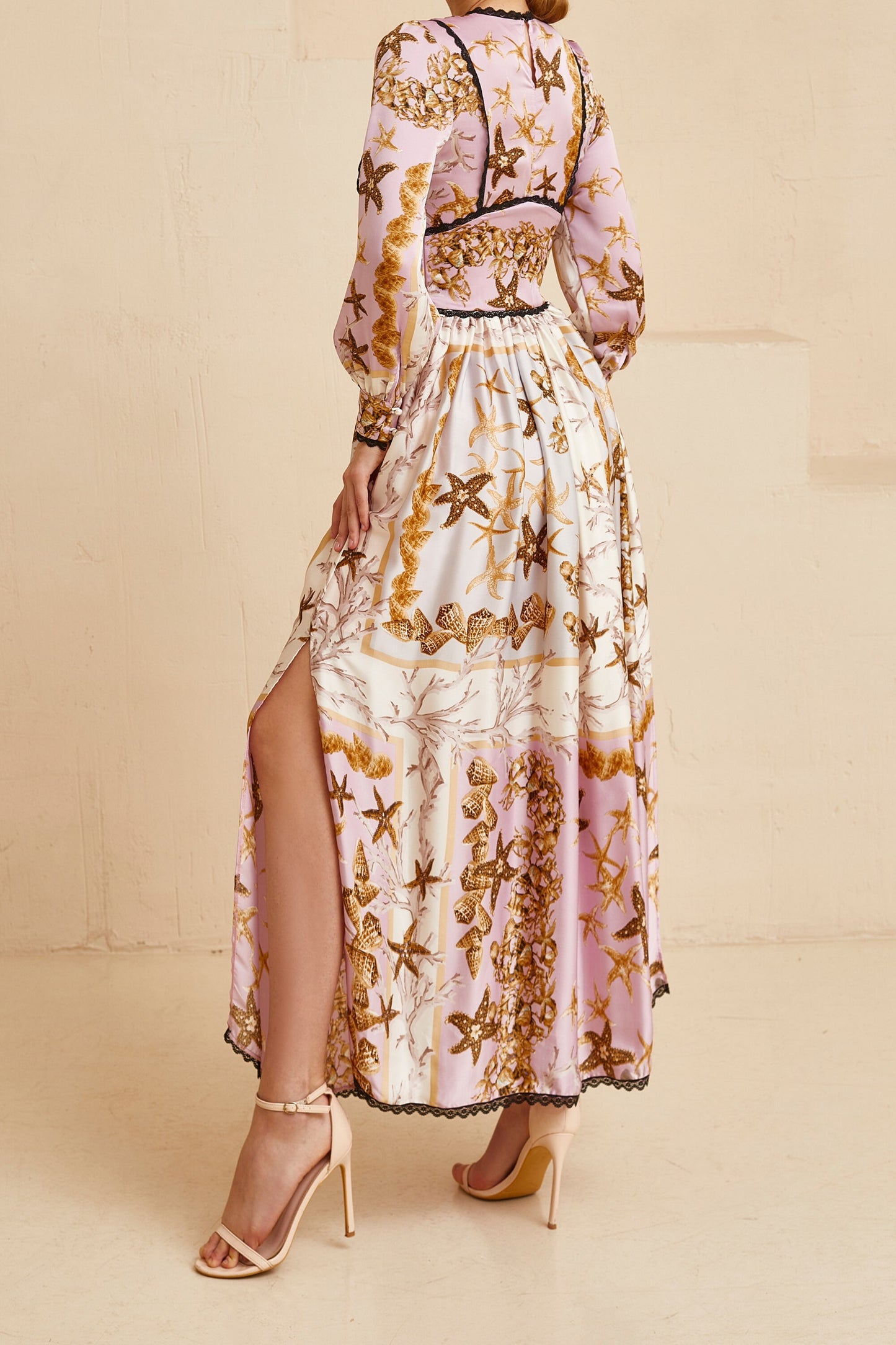 Wedding guest dress, Sea shells  print pink gown with long sleeves, Bridesmaid dress, Bohemian wedding dress, Pink summer gown, Floral gown
