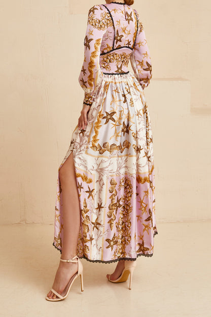 Wedding guest dress, Sea shells  print pink gown with long sleeves, Bridesmaid dress, Bohemian wedding dress, Pink summer gown, Floral gown
