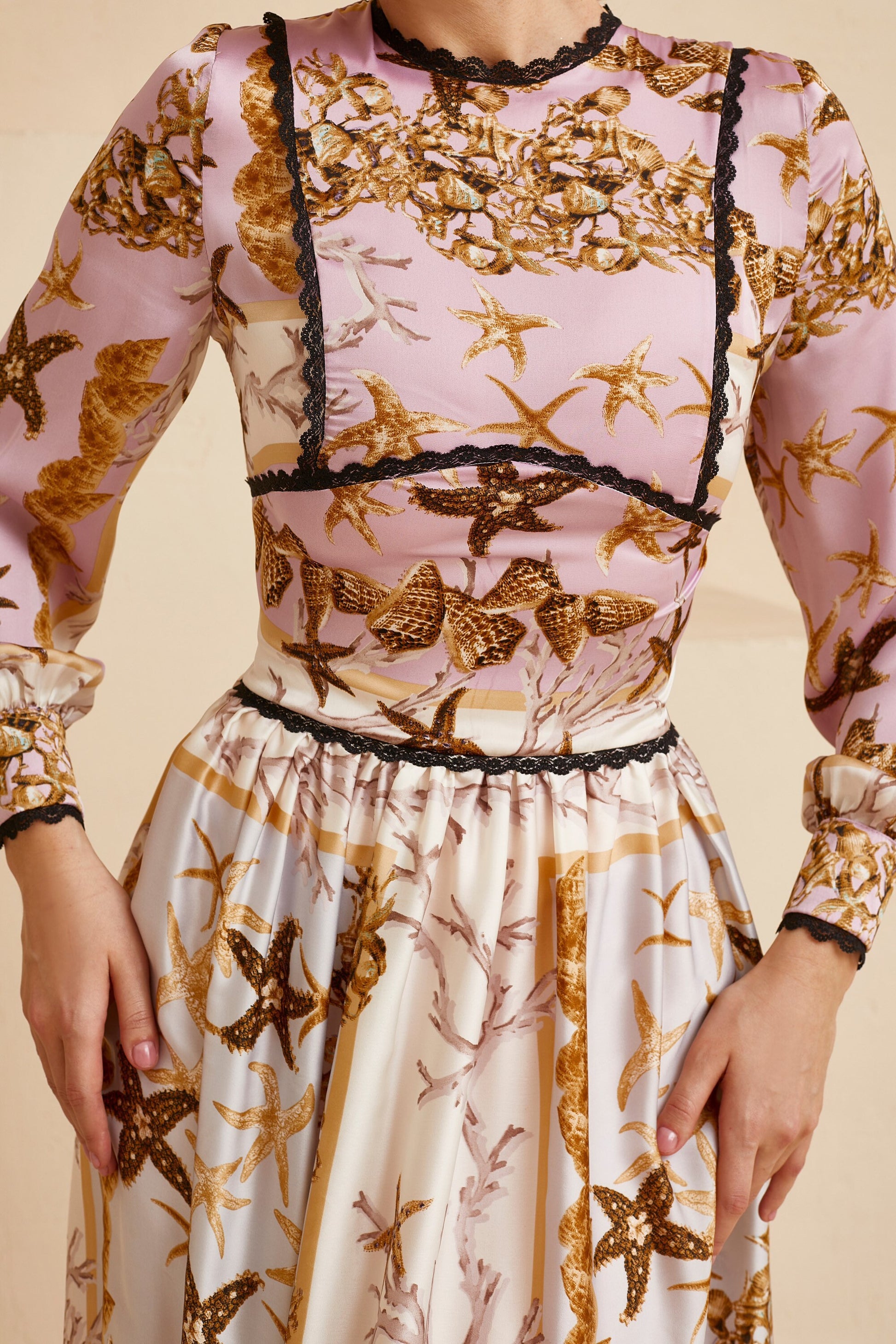 Pink summer gown with long sleeves, pearl buttons and animal floral print. 
Great for summer party.
Ankle length, sides splits, lace decoration.