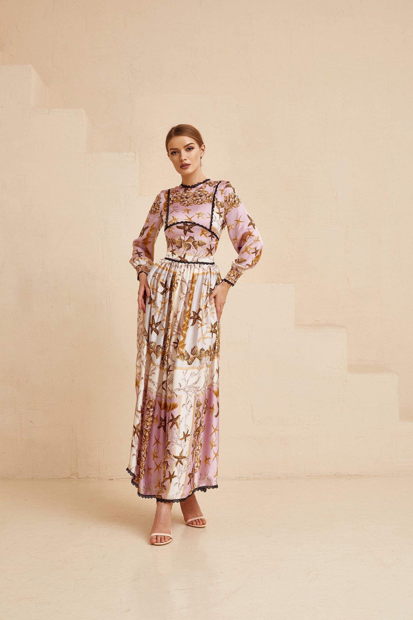 Wedding guest dress, Sea shells  print pink gown with long sleeves, Bridesmaid dress, Bohemian wedding dress, Pink summer gown, Floral gown