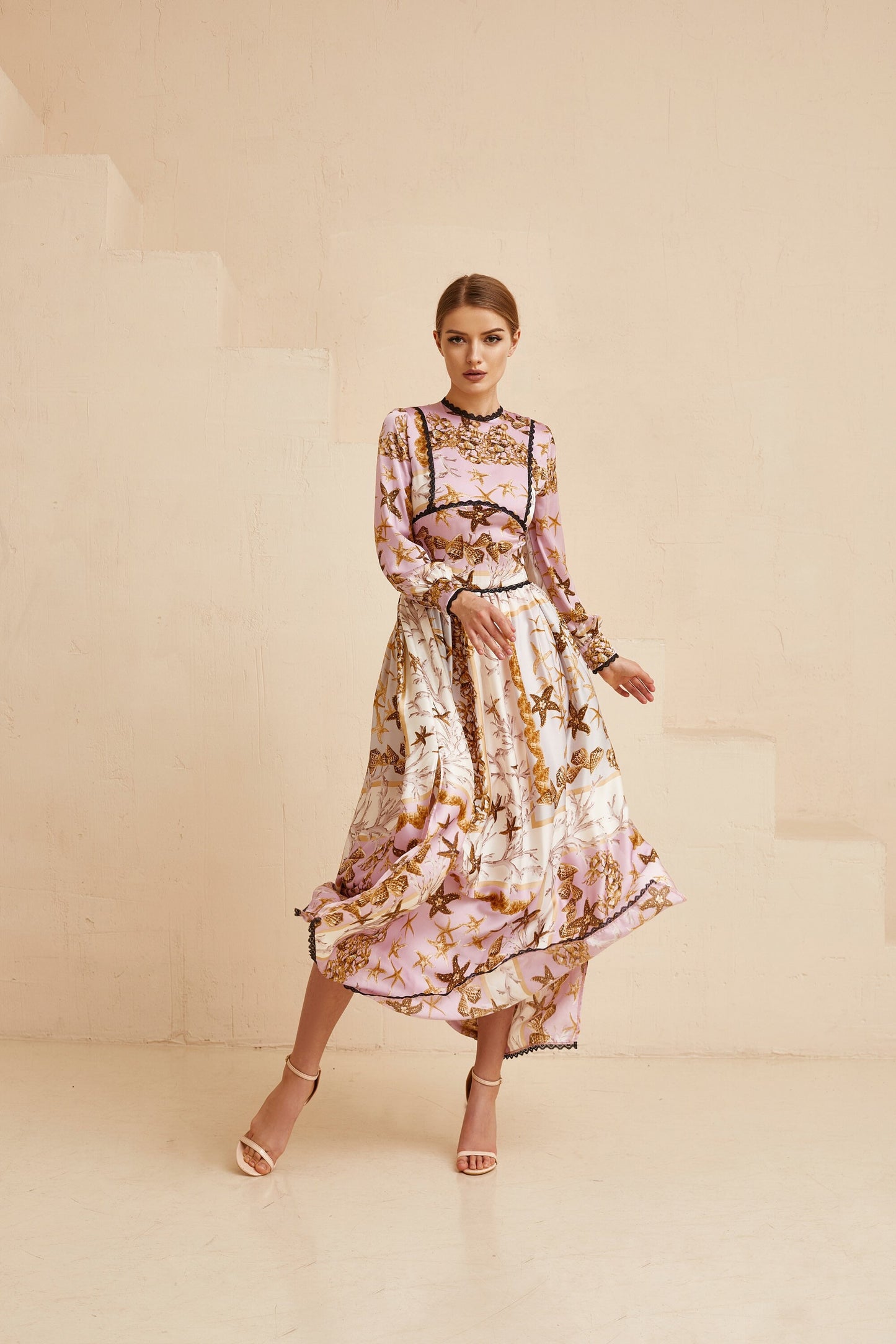 Wedding guest dress, Sea shells  print pink gown with long sleeves, Bridesmaid dress, Bohemian wedding dress, Pink summer gown, Floral gown