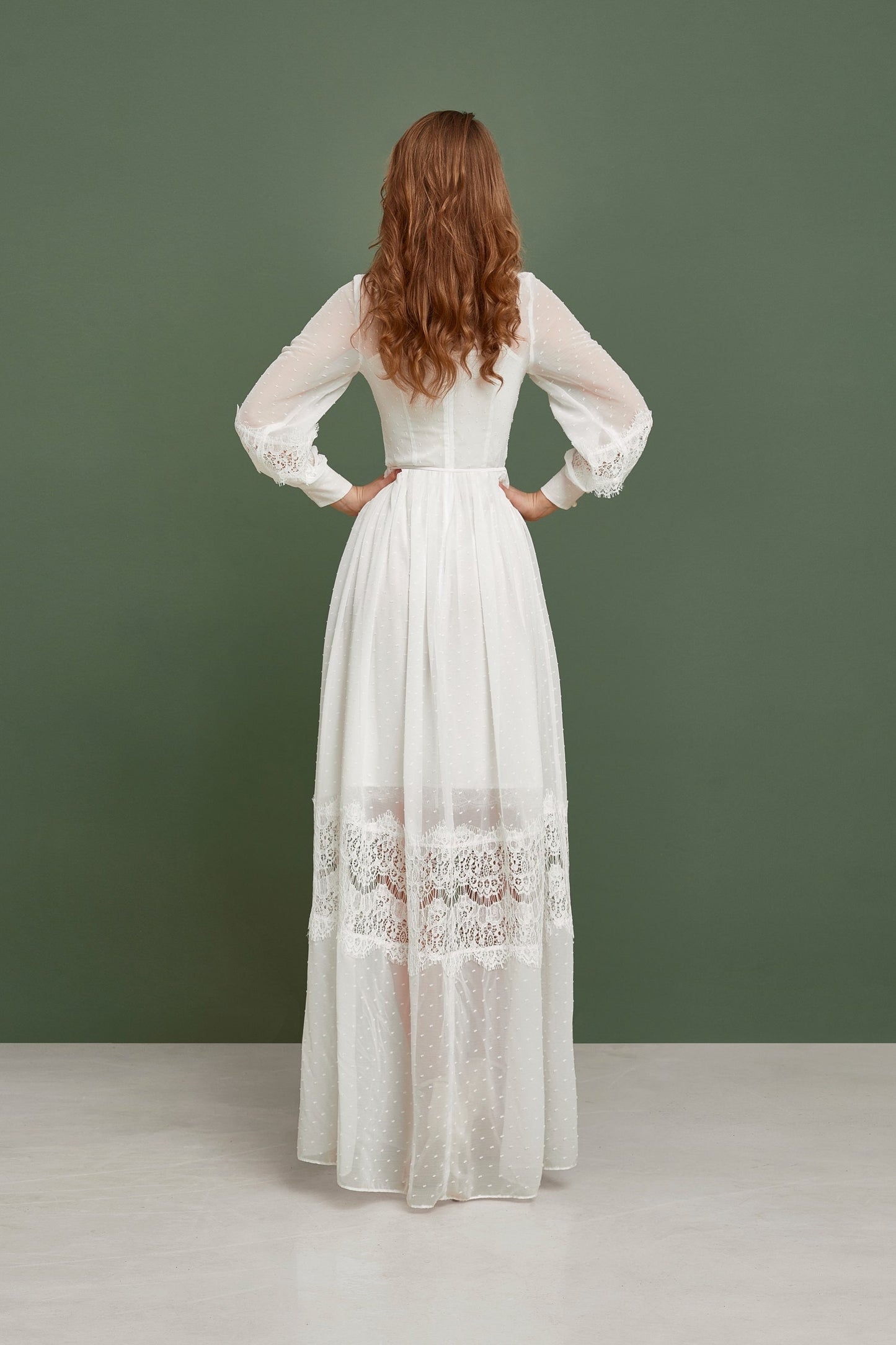 Simple wedding dress with long sleeves, polka dot wedding dress, rustic wedding gown, modest wedding gown