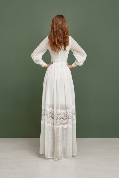 Simple wedding dress with long sleeves, polka dot wedding dress, rustic wedding gown, modest wedding gown
