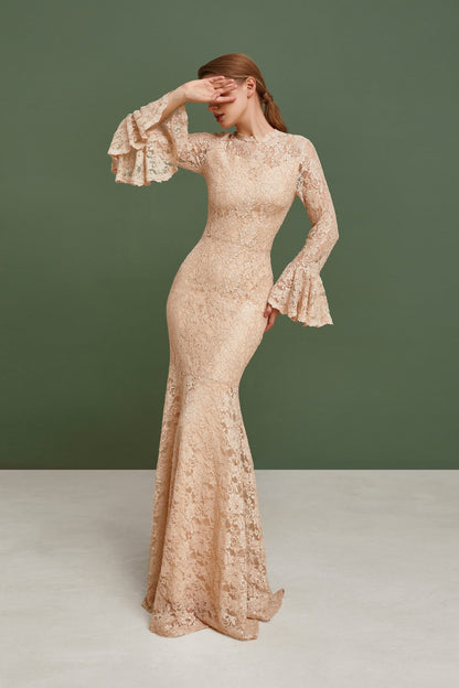 Beige bridesmaid dress with long bell sleeves, Wedding guest dress, nude bride gown, lace homecoming dress, Bohemian wedding dress