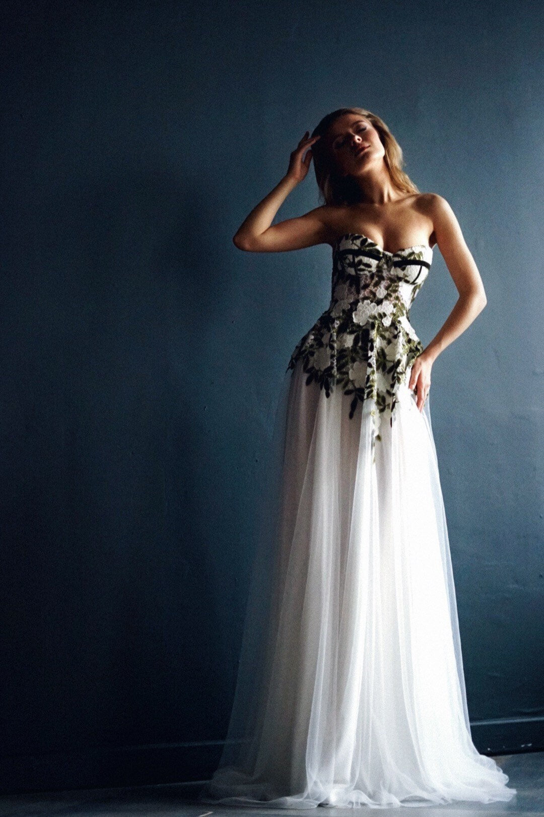 Bohemian wedding dress, Floral wedding dress, Green wedding dress, Corset wedding dress with floral embroidery, tulle beach wedding dress