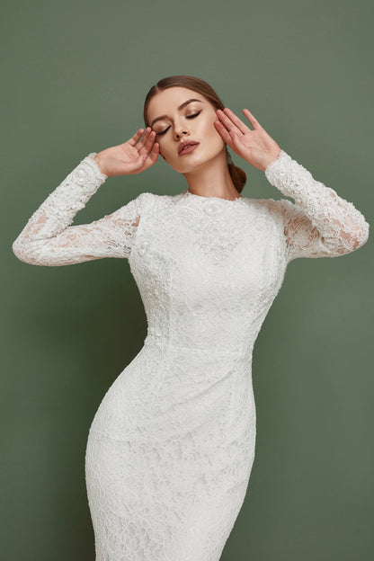 Open back wedding dress with long sleeves and train, Couture wedding dress long  sleeves, Mermaid bohemian wedding gown, Classy wedding gown