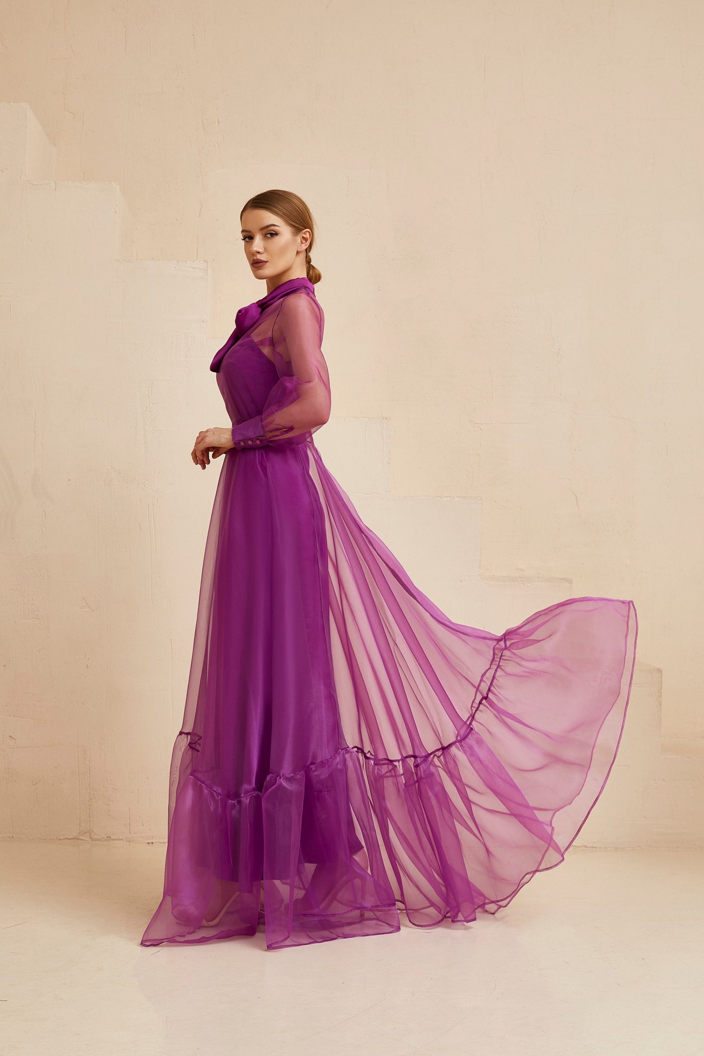 Organza fit and flare long purple dress with long sleeves and bow neck, Bridesmaid dress, Prom dress, Sheer gown, Alternative Wedding dress