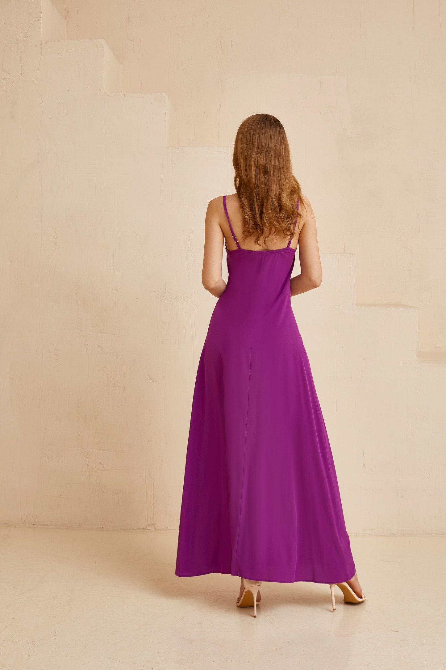 Organza fit and flare long purple dress with long sleeves and bow neck, Bridesmaid dress, Prom dress, Sheer gown, Alternative Wedding dress